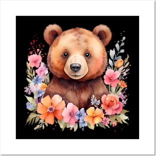 A brown bear decorated with beautiful watercolor flowers Posters and Art